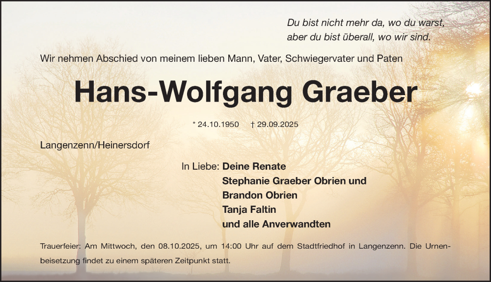  Traueranzeige für Hans-Wolfgang Graeber vom 07.10.2025 aus Gesamtausgabe Nürnberger Nachrichten/ Nürnberger Ztg.