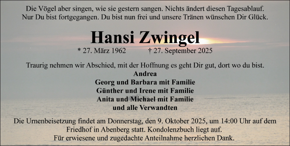  Traueranzeige für Hansi Zwingel vom 04.10.2025 aus Roth-Hilpoltsteiner Volkszeitung Lokal