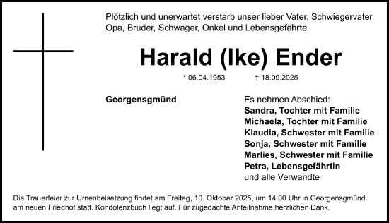 Traueranzeige von Harald Ender von Roth-Hilpoltsteiner Volkszeitung Lokal