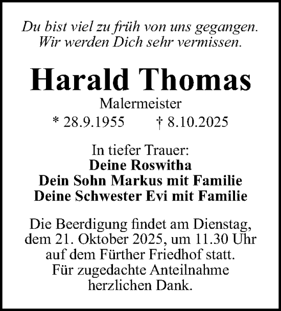 Traueranzeige von Harald Thomas von Gesamtausgabe Nürnberger Nachrichten/ Nürnberger Ztg.