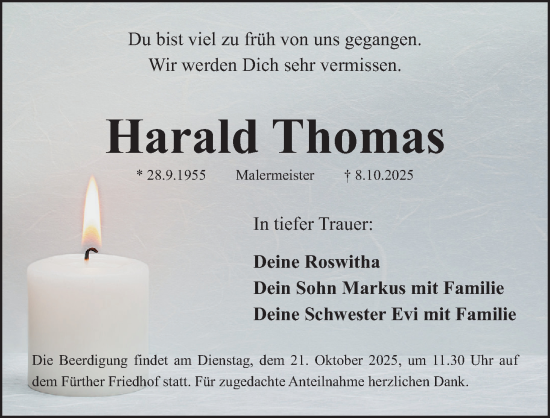 Traueranzeige von Harald Thomas von Fürther Nachrichten Lokal