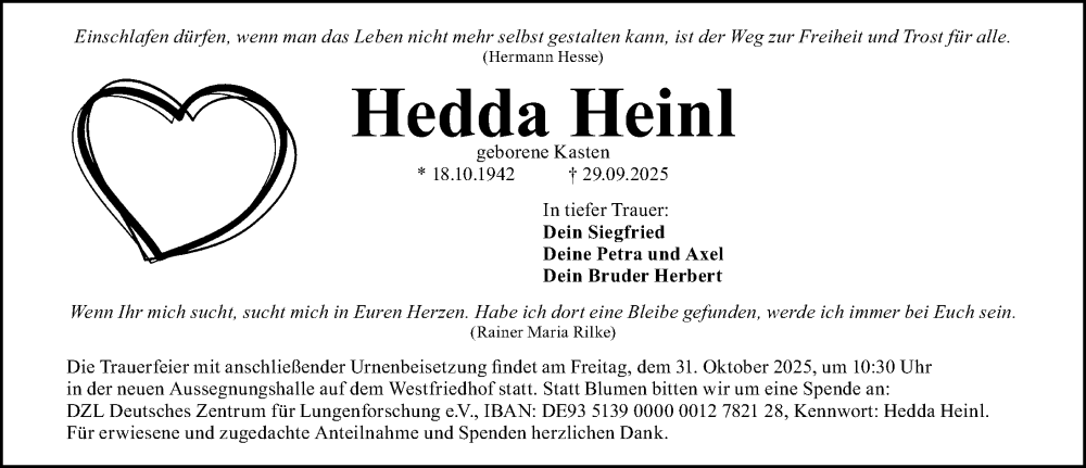  Traueranzeige für Hedda Heinl vom 25.10.2025 aus Gesamtausgabe Nürnberger Nachrichten/ Nürnberger Ztg.