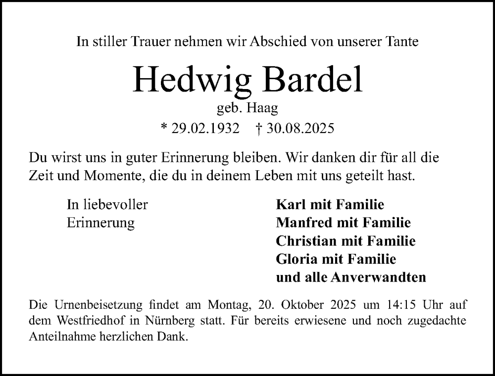  Traueranzeige für Hedwig Bardel vom 11.10.2025 aus Gesamtausgabe Nürnberger Nachrichten/ Nürnberger Ztg.