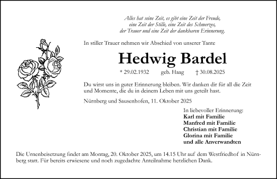 Traueranzeige von Hedwig Bardel von Altmühl-Bote Lokal
