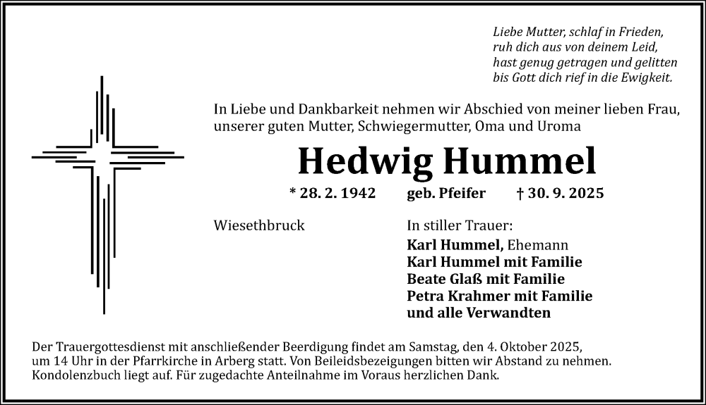  Traueranzeige für Hedwig Hummel vom 02.10.2025 aus Altmühl-Bote Lokal
