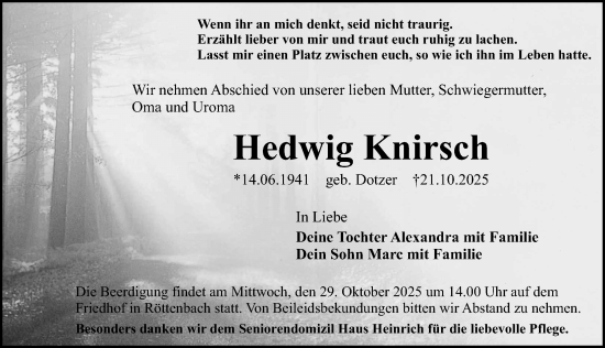 Traueranzeige von Hedwig Knirsch von Erlanger Nachrichten Lokal