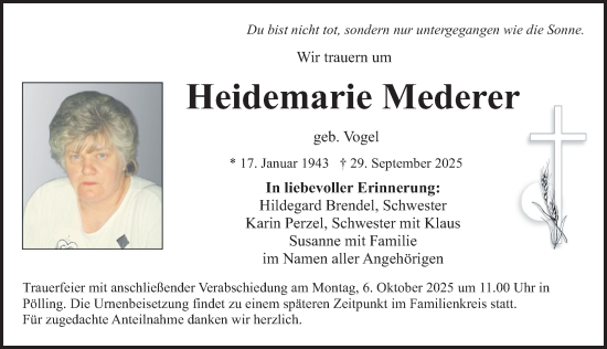 Traueranzeige von Heidemarie Mederer von Neumarkter Nachrichten Lokal