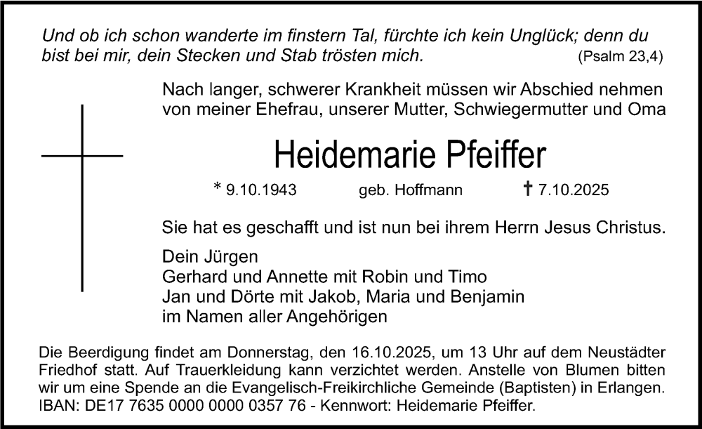  Traueranzeige für Heidemarie Pfeiffer vom 11.10.2025 aus Erlanger Nachrichten Lokal