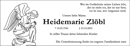 Traueranzeige von Heidemarie Zlöbl von Erlanger Nachrichten Lokal