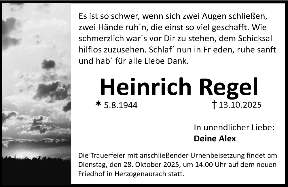  Traueranzeige für Heinrich Regel vom 18.10.2025 aus Gesamtausgabe Nürnberger Nachrichten/ Nürnberger Ztg.