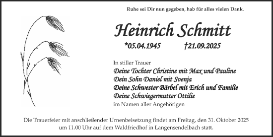 Traueranzeige von Heinrich Schmitt von Erlanger Nachrichten Lokal