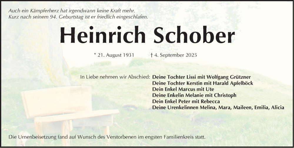  Traueranzeige für Heinrich Schober vom 11.10.2025 aus Gesamtausgabe Nürnberger Nachrichten/ Nürnberger Ztg.