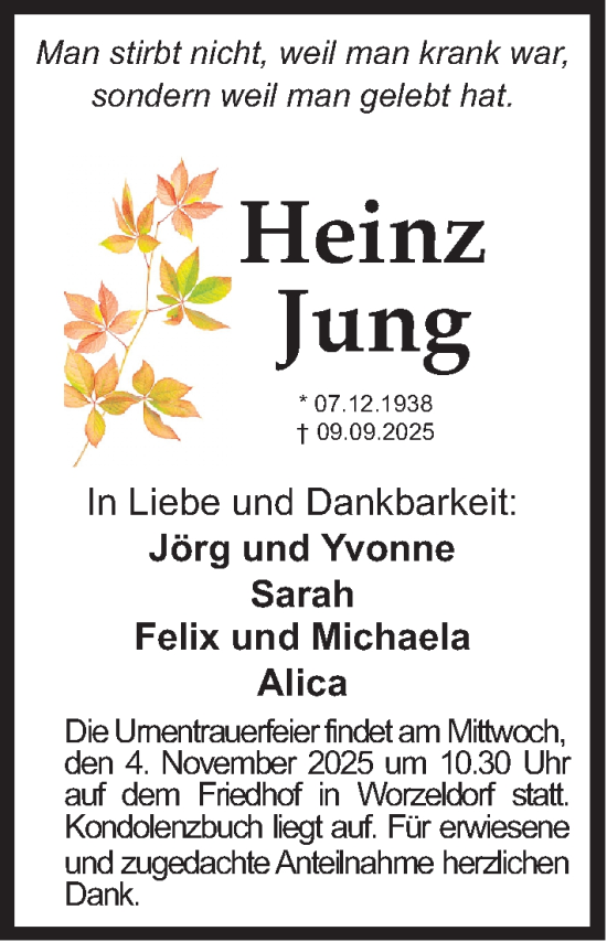 Traueranzeige von Heinz Jung von Gesamtausgabe Nürnberger Nachrichten/ Nürnberger Ztg.