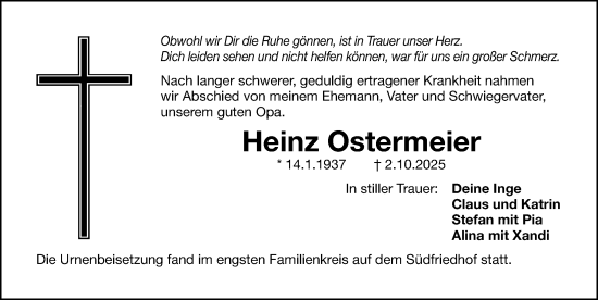 Traueranzeige von Heinz Ostermeier von Gesamtausgabe Nürnberger Nachrichten/ Nürnberger Ztg.