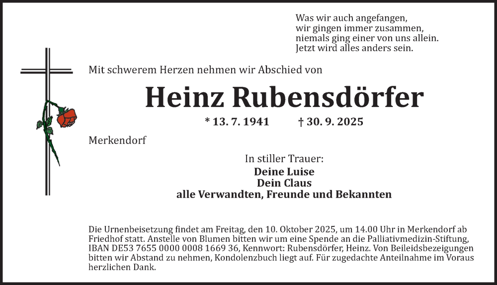  Traueranzeige für Heinz Rubensdörfer vom 08.10.2025 aus Altmühl-Bote Lokal