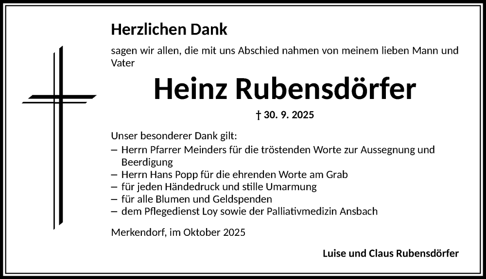  Traueranzeige für Heinz Rubensdörfer vom 28.10.2025 aus Altmühl-Bote Lokal