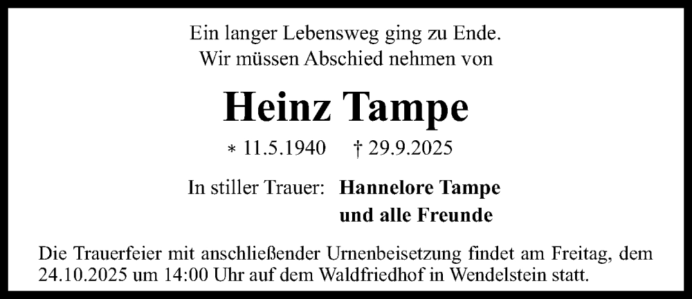  Traueranzeige für Heinz Tampe vom 18.10.2025 aus Gesamtausgabe Nürnberger Nachrichten/ Nürnberger Ztg.