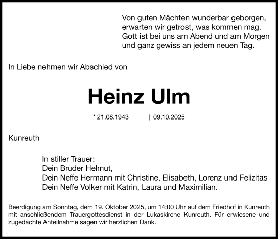 Traueranzeige von Heinz Ulm von Nordbayerische Nachrichten Forchheim Lokal