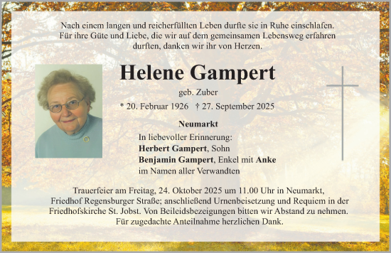 Traueranzeige von Helene Gampert von Neumarkter Nachrichten Lokal