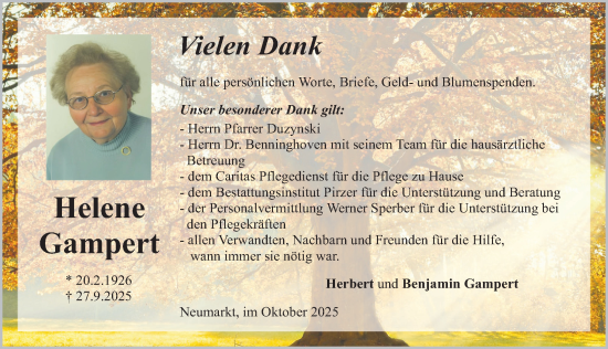 Traueranzeige von Helene Gampert von Neumarkter Nachrichten Lokal