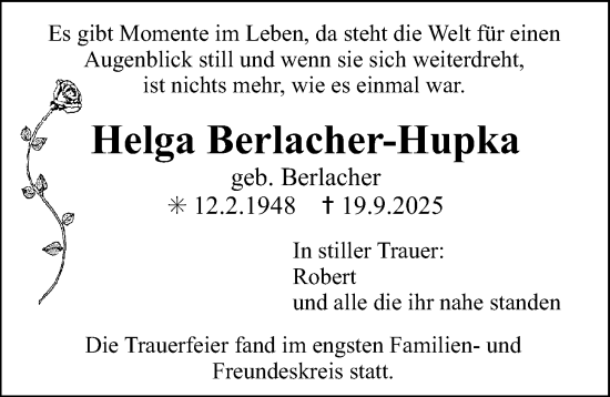 Traueranzeige von Helga Berlacher-Hupka von Erlanger Nachrichten Lokal