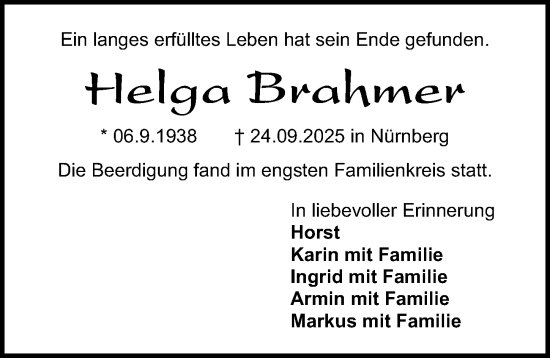 Traueranzeige von Helga Brahmer von Gesamtausgabe Nürnberger Nachrichten/ Nürnberger Ztg.