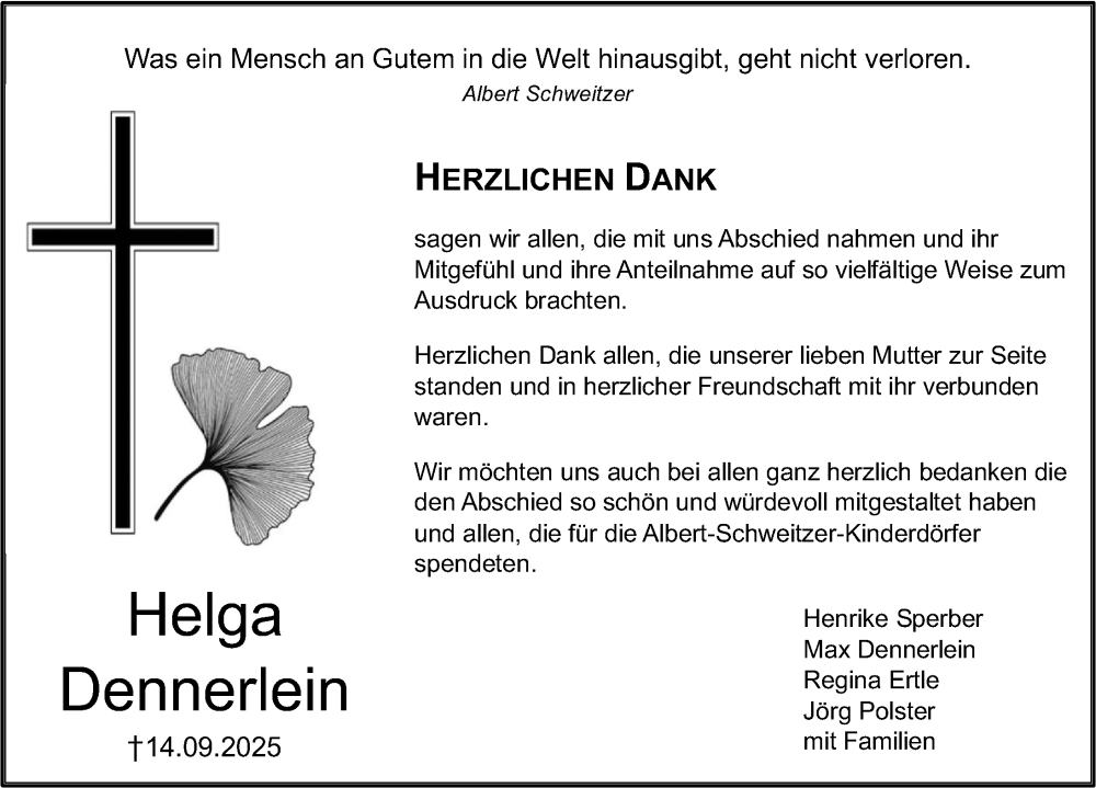  Traueranzeige für Helga Dennerlein vom 25.10.2025 aus Nordbayerische Nachrichten Pegnitz Lokal