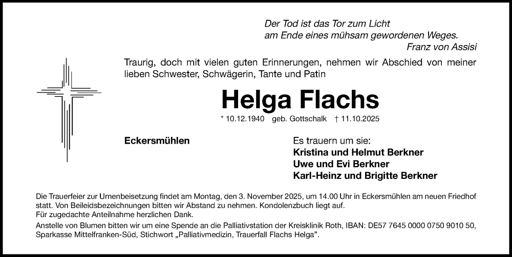  Traueranzeige für Helga Flachs vom 31.10.2025 aus Roth-Hilpoltsteiner Volkszeitung Lokal