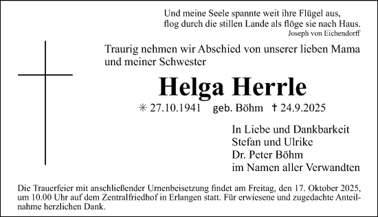 Traueranzeige von Helga Herrle von Erlanger Nachrichten Lokal