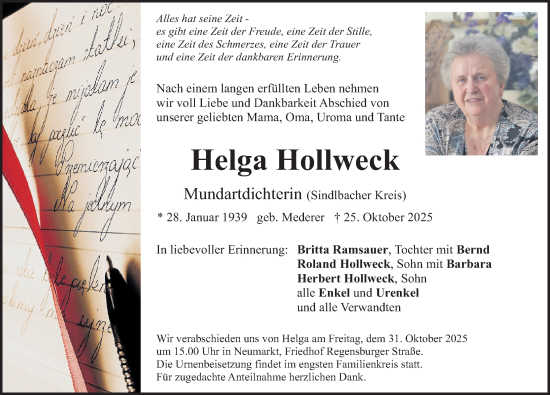 Traueranzeige von Helga Hollweck von Neumarkter Nachrichten Lokal