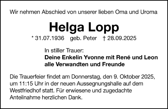 Traueranzeige von Helga Lopp von Gesamtausgabe Nürnberger Nachrichten/ Nürnberger Ztg.