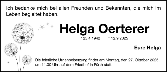 Traueranzeige von Helga Oerterer von Fürther Nachrichten Lokal