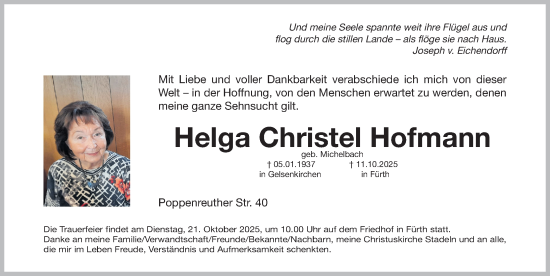 Traueranzeige von Helga Christel Hofmann von Fürther Nachrichten Lokal