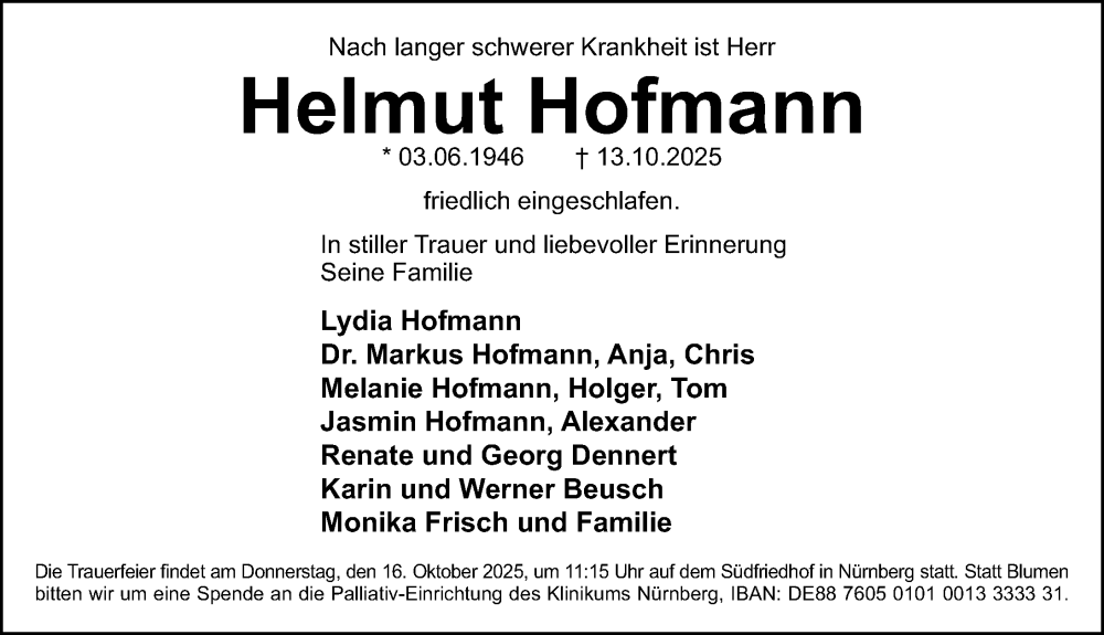  Traueranzeige für Helmut Hofmann vom 15.10.2025 aus Gesamtausgabe Nürnberger Nachrichten/ Nürnberger Ztg.