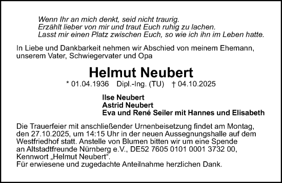 Traueranzeige von Helmut Neubert von Gesamtausgabe Nürnberger Nachrichten/ Nürnberger Ztg.