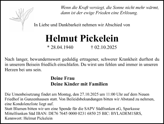 Traueranzeige von Helmut Pickelein von Altmühl-Bote Lokal