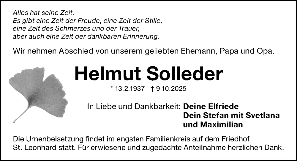  Traueranzeige für Helmut Solleder vom 25.10.2025 aus Gesamtausgabe Nürnberger Nachrichten/ Nürnberger Ztg.