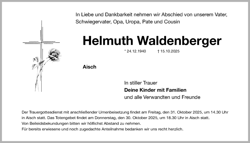  Traueranzeige für Helmuth Waldenberger vom 29.10.2025 aus Nordbayerische Nachrichten Herzogenaurach Lokal