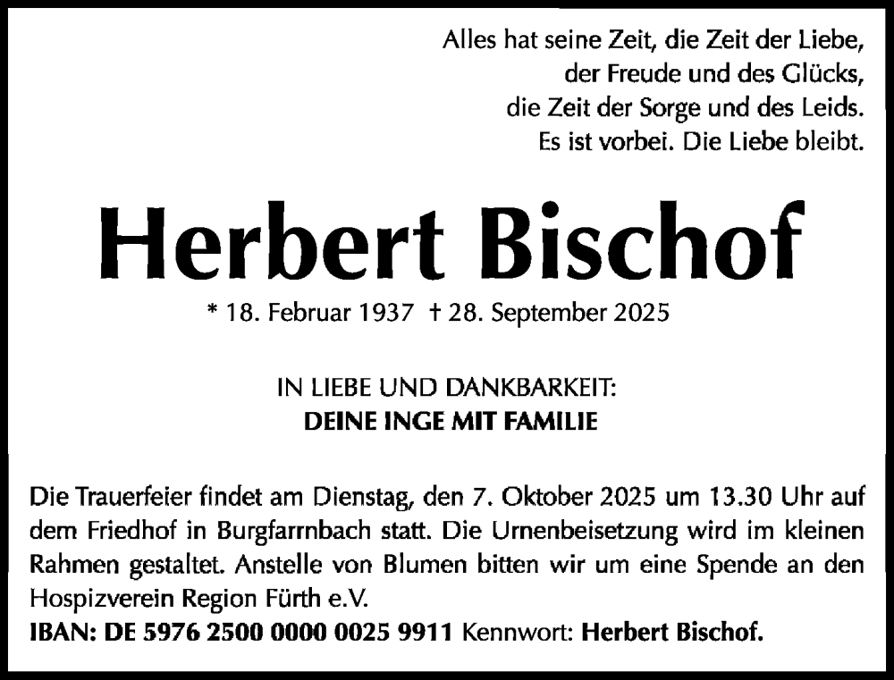  Traueranzeige für Herbert Bischof vom 04.10.2025 aus Gesamtausgabe Nürnberger Nachrichten/ Nürnberger Ztg.