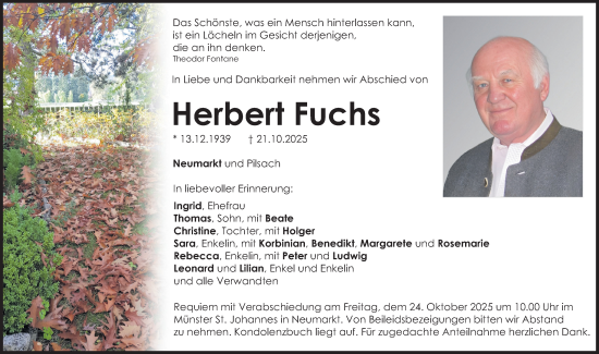 Traueranzeige von Herbert Fuchs von Neumarkter Nachrichten Lokal