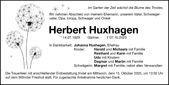 Traueranzeige von Herbert Huxhagen von Gesamtausgabe Nürnberger Nachrichten/ Nürnberger Ztg.