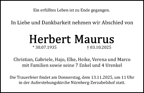 Traueranzeige von Herbert Maurus von Gesamtausgabe Nürnberger Nachrichten/ Nürnberger Ztg.