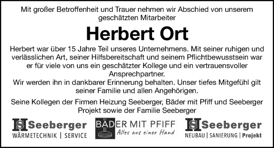 Traueranzeige von Herbert Ort von Nordbayerische Nachrichten Herzogenaurach Lokal