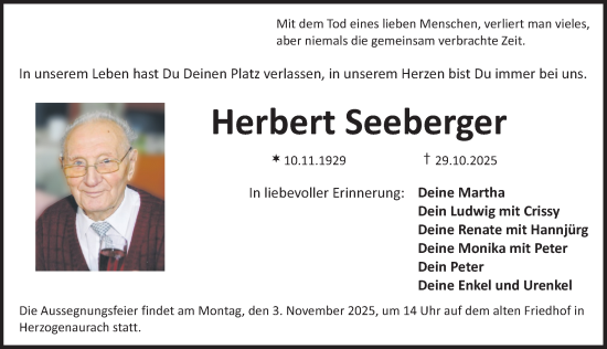Traueranzeige von Herbert Seeberger von Nordbayerische Nachrichten Herzogenaurach Lokal