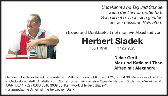Traueranzeige von Herbert Sladek von Fürther Nachrichten Lokal