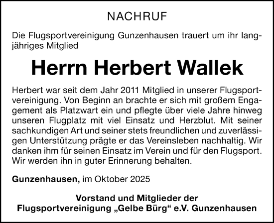 Traueranzeige von Herbert Wallek von Altmühl-Bote Lokal