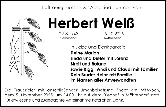 Traueranzeige von Herbert Welß von Erlanger Nachrichten Lokal