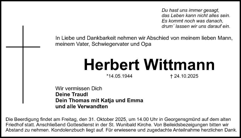  Traueranzeige für Herbert Wittmann vom 29.10.2025 aus Roth-Hilpoltsteiner Volkszeitung Lokal