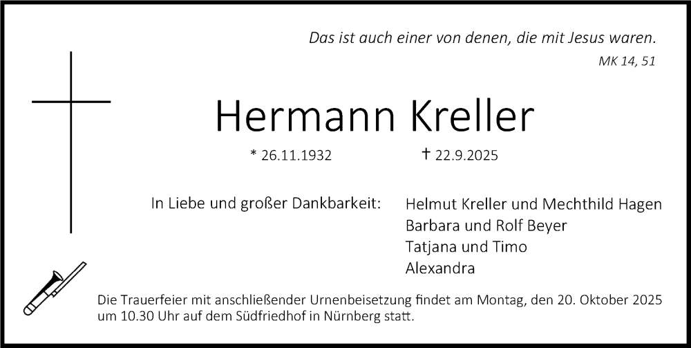  Traueranzeige für Hermann Kreller vom 11.10.2025 aus Gesamtausgabe Nürnberger Nachrichten/ Nürnberger Ztg.
