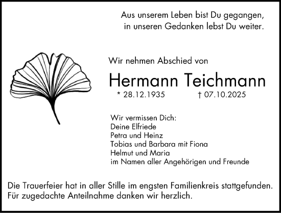 Traueranzeige von Hermann Teichmann von Fürther Nachrichten Lokal